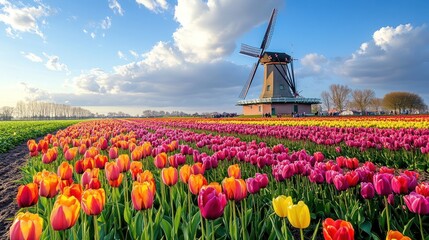 Vibrant Tulip Fields and Windmill in Holland