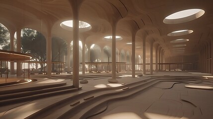 A large interior space featuring columns and large circular skylights