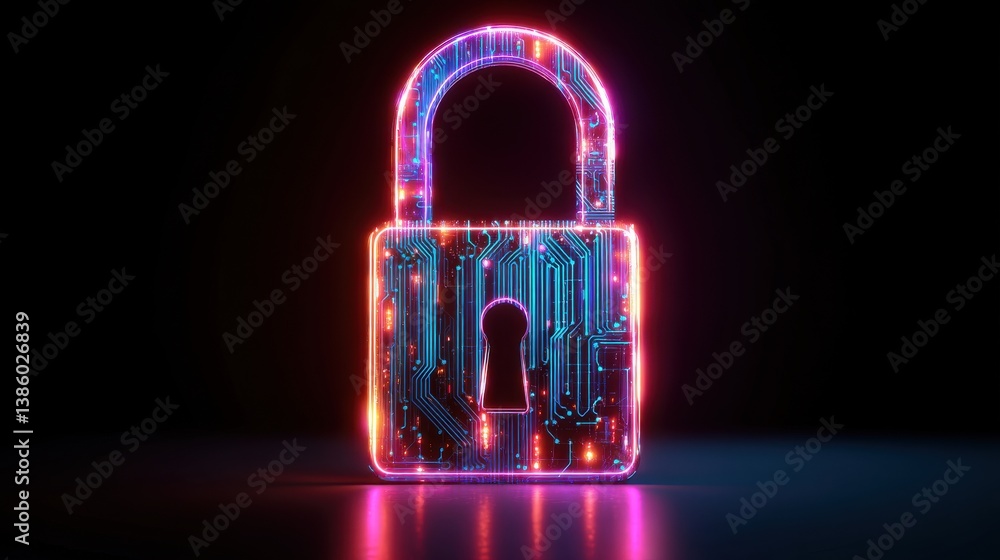 Poster electronic circuit futuristic neon padlock. copy paste empty place for text. cyber, personal data, p