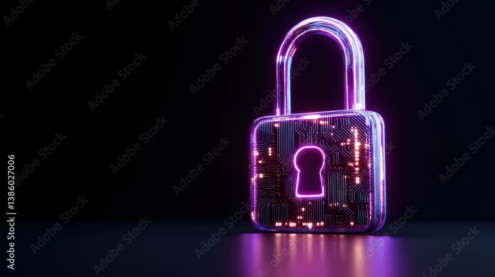 Poster electronic circuit futuristic neon padlock. copy paste empty place for text. cyber, personal data, p
