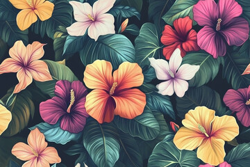 Colorful Hibiscus Flowers and Tropical Leaves Seamless Pattern Background