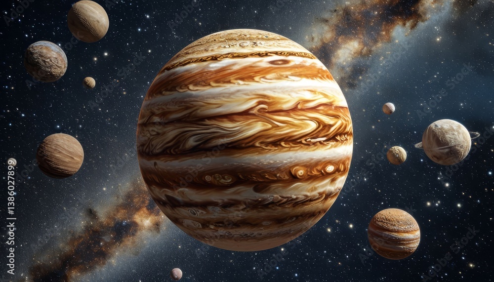 Wall mural the image portrays jupiter surrounded by its moons in a captivating cosmic scene, showcasing the gra