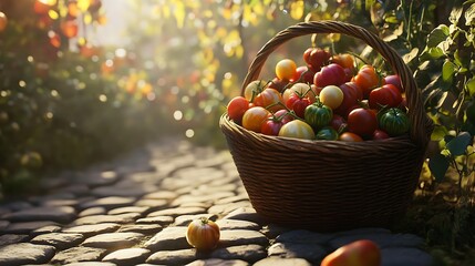 Naklejka premium A basket overflowing with colorful ripe tomatoes on a cobblestone path surrounded by vibrant greenery illuminated by soft morning light