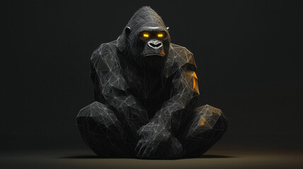 Polygonal Wireframe Gorilla with Glowing Eyes &ndash; Futuristic 3D Animal Illustration