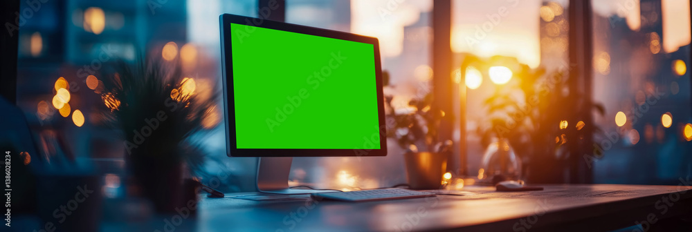 Poster sunset home office setup: a computer with green screen for mockup, website presentation, application
