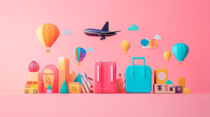 Paper cut things, goods, transport for travel on pink pastel background.