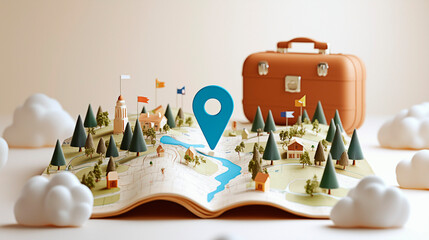 3D illustration of a folded map with trees, houses and small landmarks on it, with a large blue location pin in the center surrounded by miniature flags and a brown travel suitcase in the background