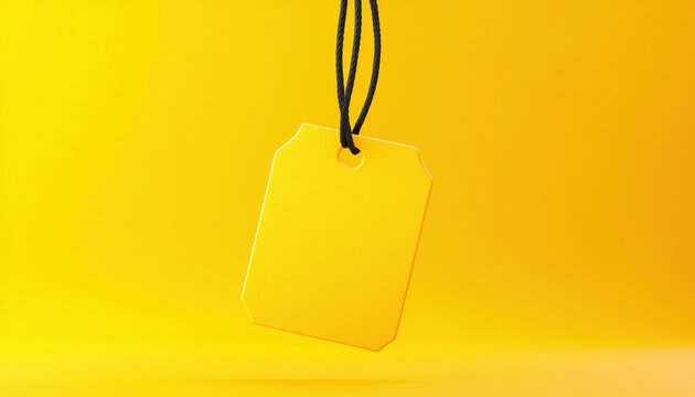 Empty yellow price tag with looped string attachment, isolated over plain background, promotional marketing element, 3D illustration