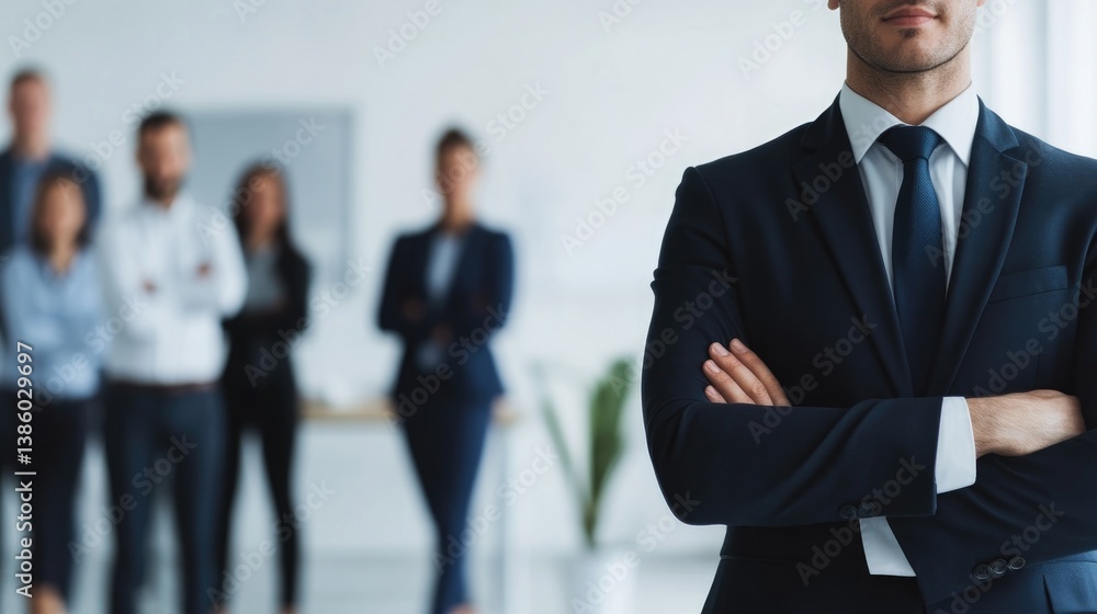 Poster business professional stands confidently at forefront while diverse group of employees are blurred i