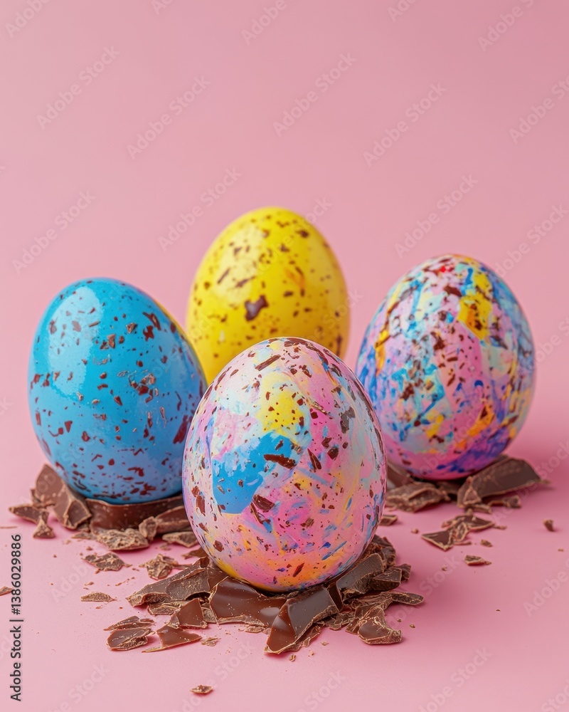 Poster vibrant easter eggs with colorful splatters and chocolate pieces on a pink background creating a fes