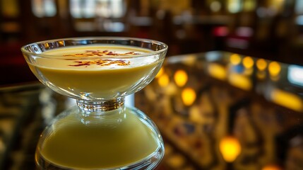 A beautifully presented bowl of creamy dessert topped with saffron strands, reflecting warm ambient light, set against a blurred restaurant background