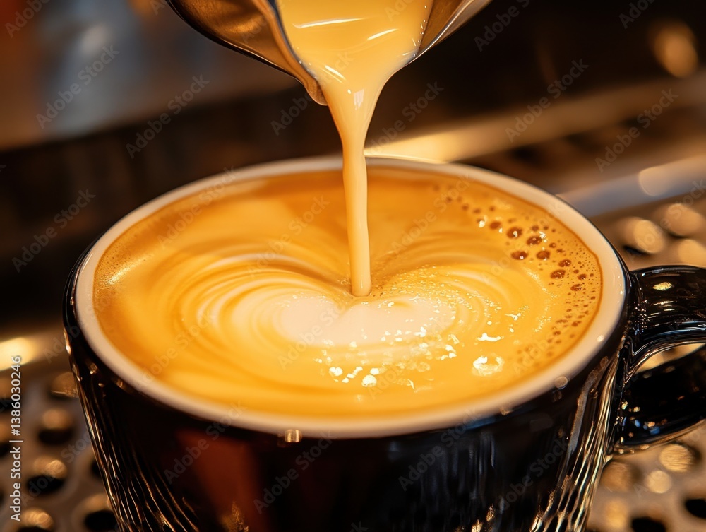 Poster creamy latte art being poured into a black ceramic mug creating a swirl pattern in a cafe setting
