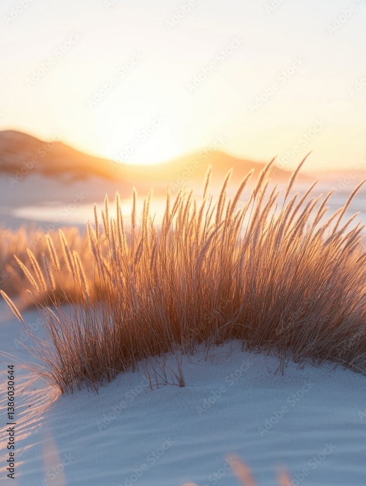 Poster serene golden hour on a tranquil beach with wild grass illuminated by the setting sun casting soft s
