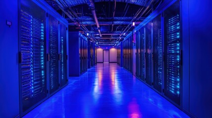 Vibrant data center with glowing blue and purple lighting, reflective floors, and secured server cabinets. Ideal for cybersecurity ads, tech branding, and data infrastructure visuals