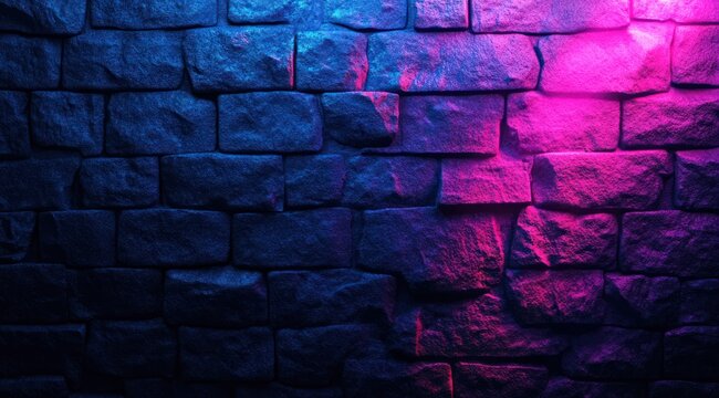 Dark blue background with opink neon light on the right side, texture of dark stone wall.