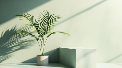 Fototapeta premium Minimalist plant display, soft green backdrop, sunlight shadows, product showcase, modern interior, home decor, for online use