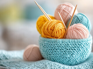  colorful yarn balls and knitting needles,