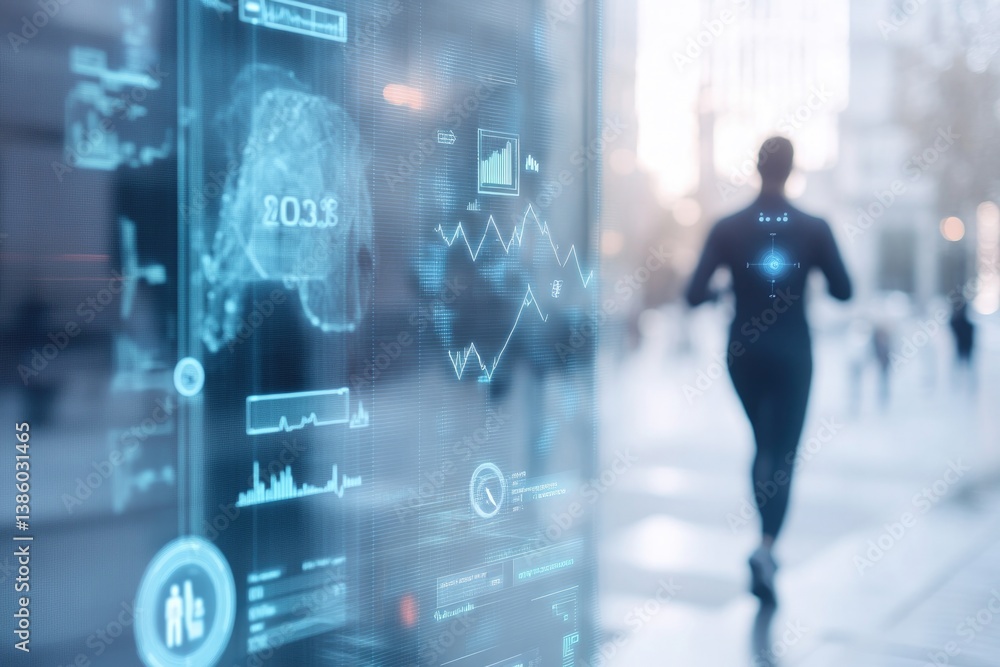 Poster clean image showcasing person using futuristic smart devices to track fitness and health metrics sur