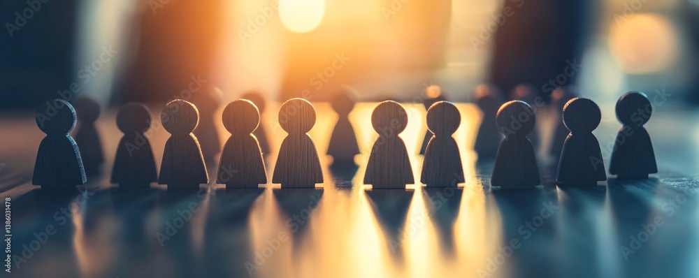 Poster row of wooden figures are standing in a line on a reflective surface, backlit by a warm light