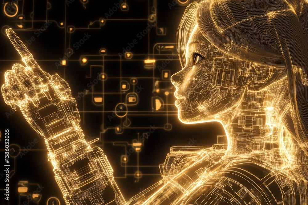 Poster an anime android girl in repair depicted in a glowing wireframe style. symbolic engineering elements