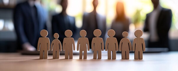 Business team standing behind a row of wooden peg dolls on a desk symbolizing a concept of teamwork