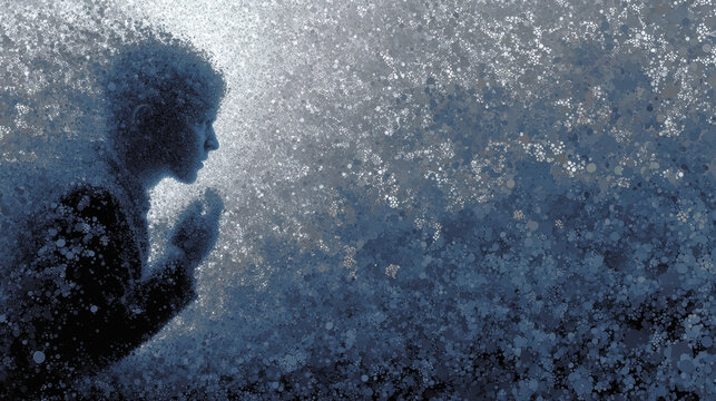 Conceptual representation of quantum OCD illustrating a person of digital particles in a chaotic glow surrounded by thoughts