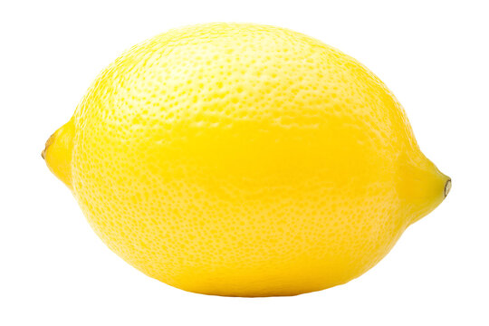 A close up of a bright yellow lemon with smooth skin, isolated on white background