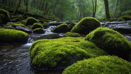 Fototapeta premium A close-up view of vibrant green moss covering ancient rocks, drenched and puddled from a torrential downpour.