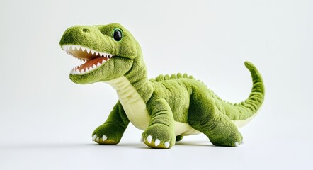 Fototapeta premium Green dinosaur plush toy on a white background
