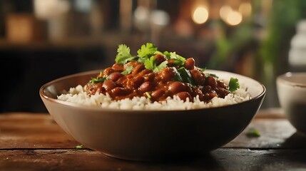 A close-up view of a delicious bowl of rice topped with spicy kidney beans and garnished with fresh green herbs, set against a warm, rustic wooden surface and soft, blurred background lights creating