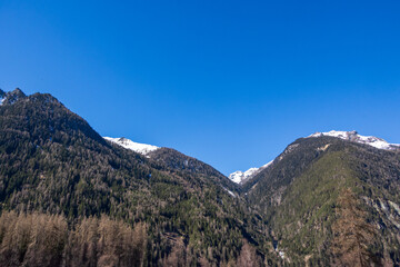 Mount Felderkogel and Wurmkogel peaks seen from Ötztal Valley under clear blue sky