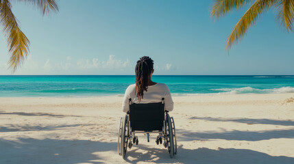 Inclusive summer dream: Woman in wheelchair gazes at the serene turquoise ocean from a palm-shaded beach, finding tranquility and freedom