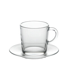 Empty clear glass coffee cup on a saucer.