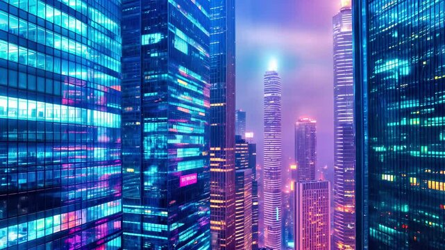 Futuristic skyscrapers with neon blue and purple illuminated glass facades in foggy metropolitan skyline at twilight. Vibrant highrise office buildings in financial district with glowing windows.