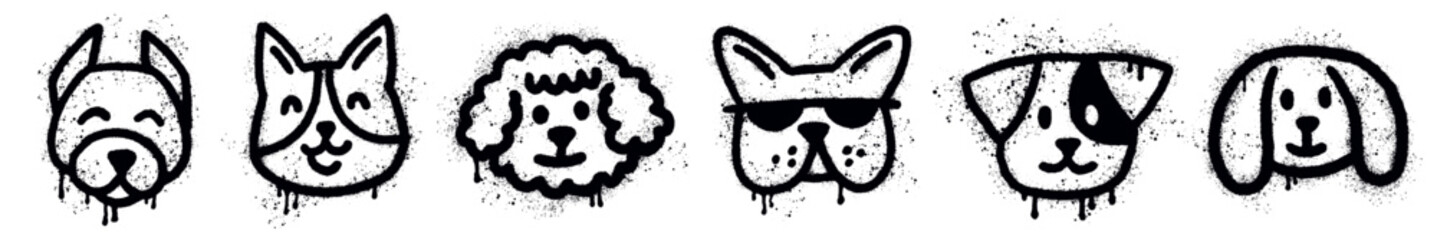 A collection of funny dog ​​faces hand painted in graffiti style using spray paint