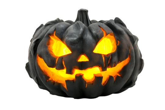 A scary spooky glowing carved Jack O' Lanterns Halloween pumpkin lantern isolated on white background