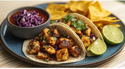 Two delicious chicken tacos with slaw, tortilla chips and lime wedges.