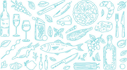 Food and Kitchen Tools Vector Illustration - Culinary-Themed Design in Minimalist Blue Style EPS 10