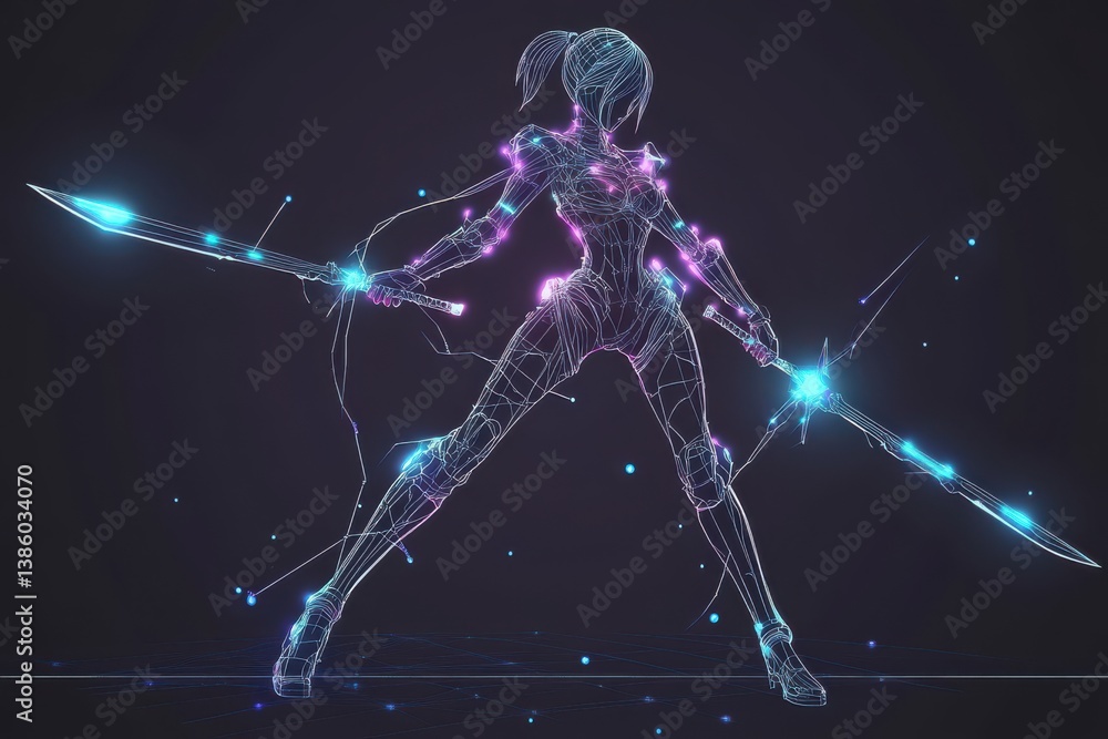 Poster a glowing wireframe anime assassin girl in a cyber world setting. futuristic and digital elements cr