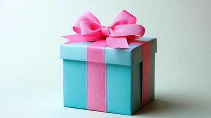 Obraz premium Elegant light blue gift box with pink ribbon and bow for birthday present or special occasion celebration