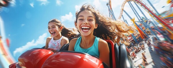 Two young girls are experiencing sheer delight on a roller coaster, laughing with pure joy as they soar through the air