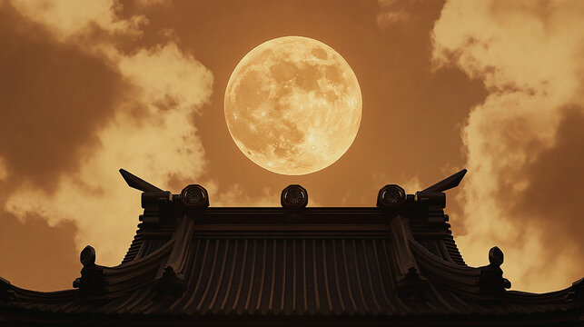 Full moon rising behind a traditional Japanese shrin
