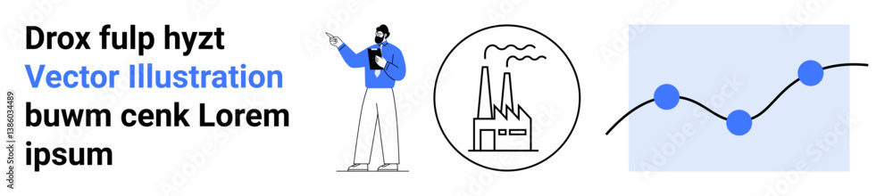 Poster analyst holding clipboard beside a factory icon and a data chart. ideal for data analytics, industri