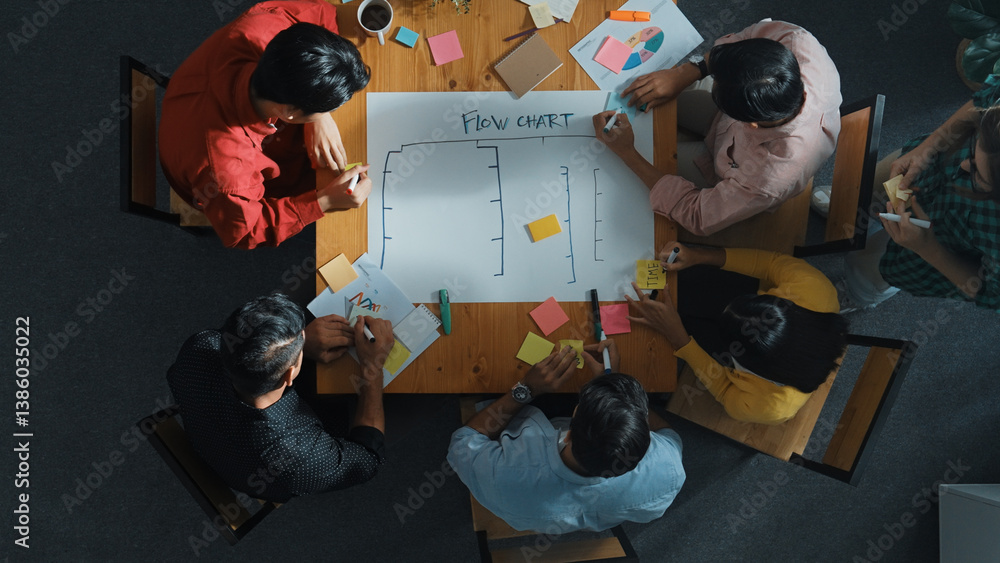 Poster top view of smart people writing and making scrum task board while writing plan and planning strateg