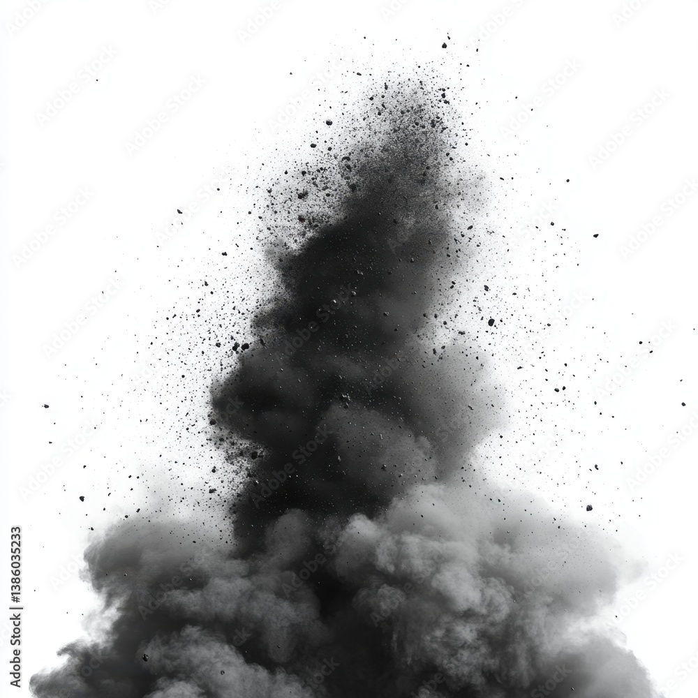 Poster dramatic explosion of black powder against a stark white backdrop creating a captivating visual effe