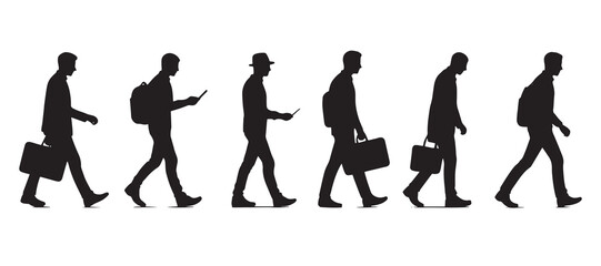 Set of a Man Walking Silhouette vector, Isolated on white Background