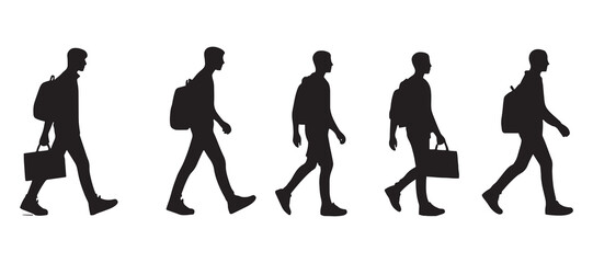Set of a Man Walking Silhouette vector, Isolated on white Background