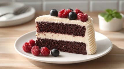 A high-angle view of a delicious chocolate cake slice with frosting and berries, on a white plate, on a wooden table, on a white background