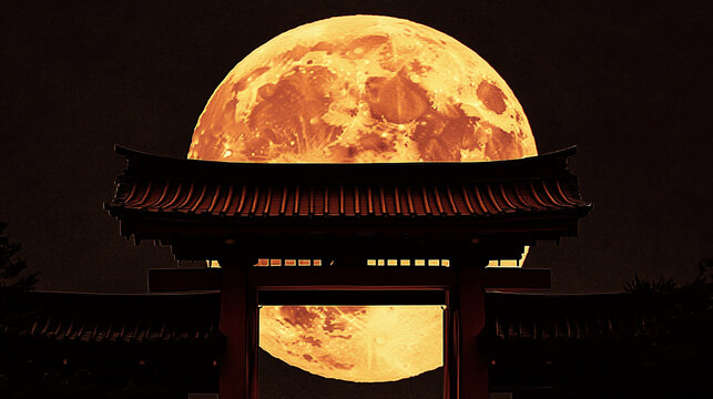 Full moon rising behind a traditional Japanese shrin