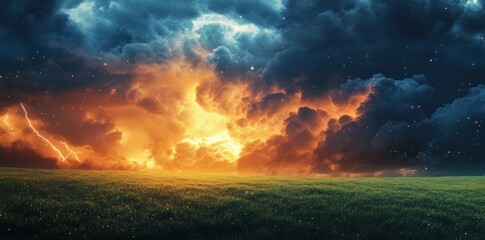 Naklejka premium Photo of a dramatic thunderstorm with clouds over a green field, lightning striking in the distance